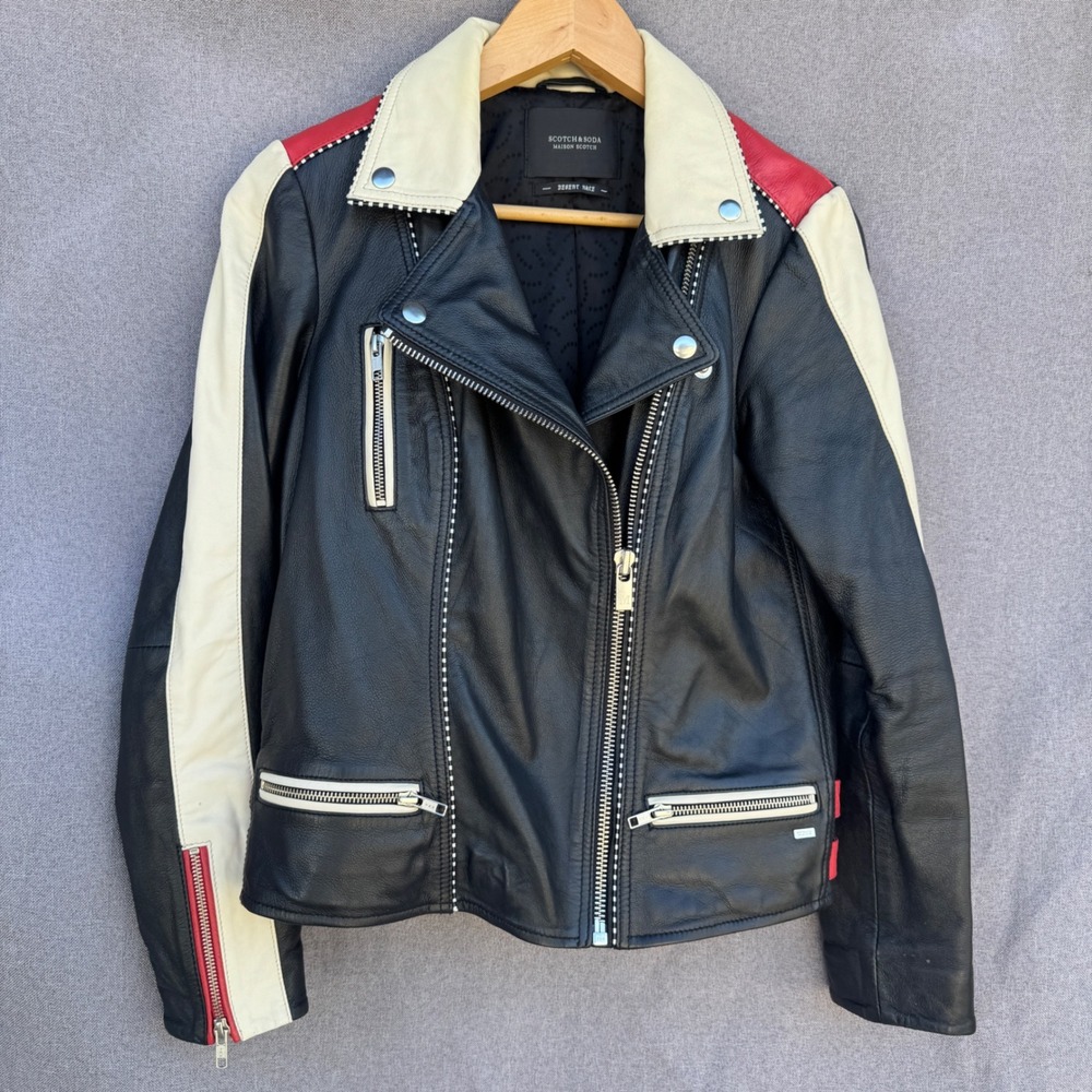 Scotch Soda Genuine Leather Moto Jacket Small Black Red Desert Race Biker Zipper